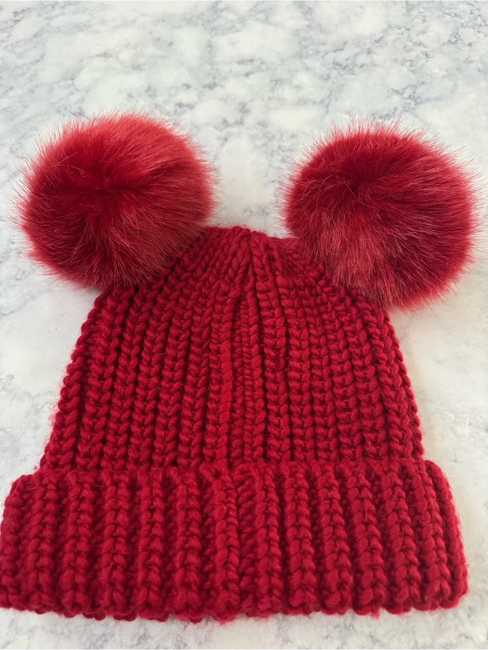 2 ROOTS Canada Set Double Pom Pom Knit Kids Beanie Toque Hat Winter Red